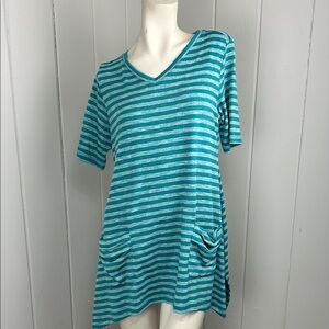 logo lori goldstein top Striped Teal V-Neck Women's shirt tunic medium pockets